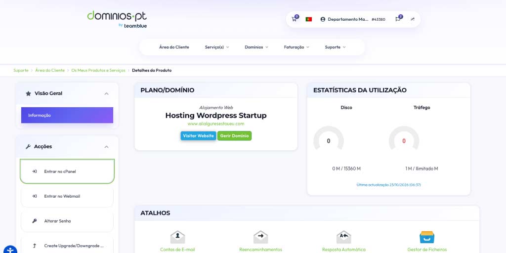 Imagem para exemplificar acesso ao cPanel atraves área de cliente dominios.pt Aceda ao cPanel na área de cliente