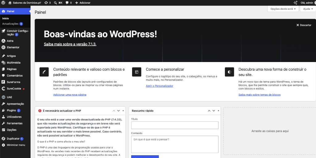 Painel de administração do WordPress para começar a criar o site Painel de administração do WordPress para começar a criar o site