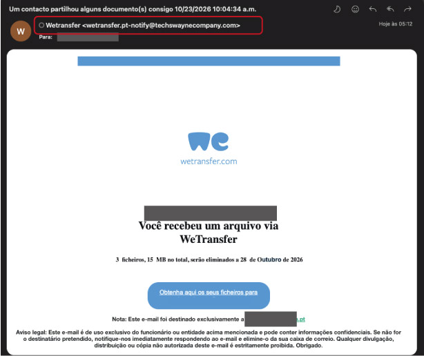 Imagem de um exemplo de email de Phishing, não é um email oficial do WeTransfer WeTransfer