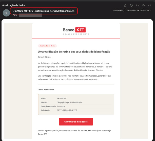 Imagem de um exemplo de email de Phishing, não é um email oficial do Banco CTT phishing banco ctt