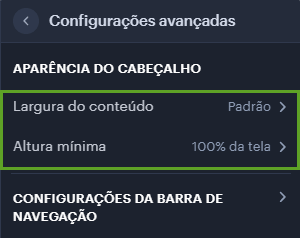 Configurações avançadas do cabeçalho 