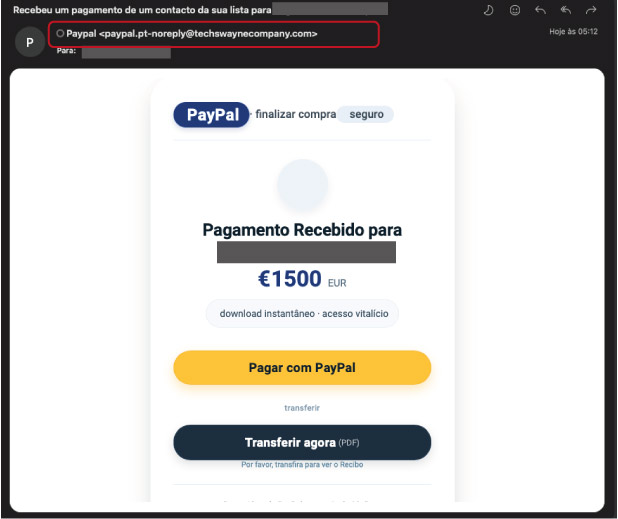 Imagem de um exemplo de email de Phishing, não é um email oficial do WeTransfer Paypal